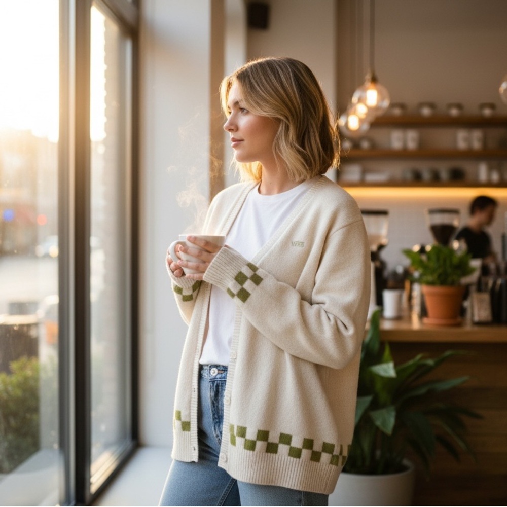 Vans Cream and Green Checkered Cardigan